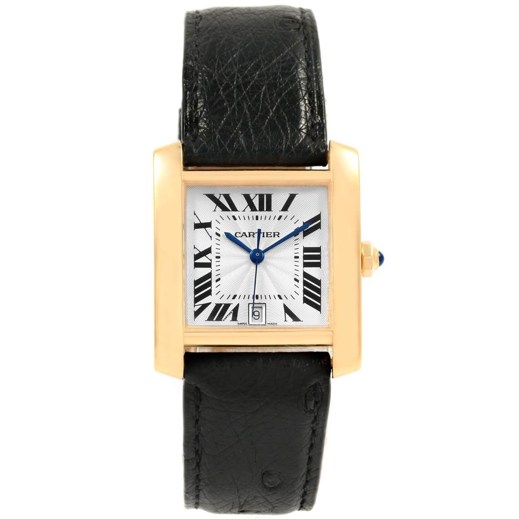 This image shows a front view of a Cartier Tank Francaise W5000156 Yellow Gold Silver Dial W5000156 Yellow Gold Silver Dial watch with a black leather strap and a rectangular gold case.
