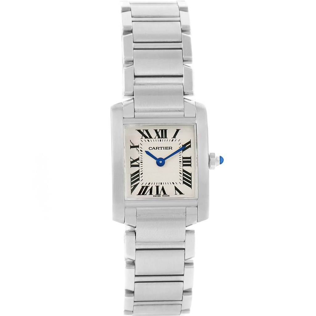 The image shows a front view of a Cartier Tank Francaise W51008Q3 Women
s Stainless Steel Silver Dial W51008Q3 Women
s Stainless Steel Silver Dial watch, highlighting its face and metal band.