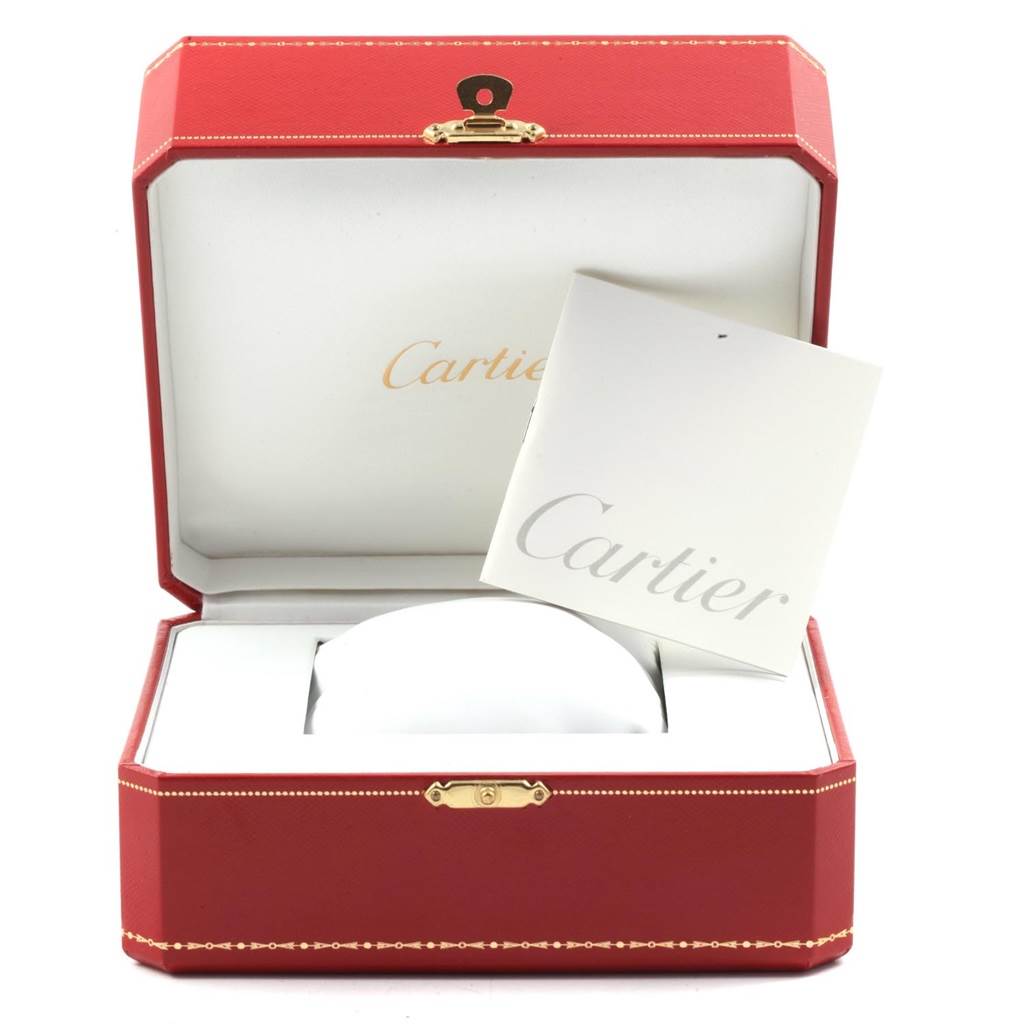 The image shows the open box and manuals for a Cartier Tank Francaise W51008Q3 Women
s Stainless Steel Silver Dial W51008Q3 Women
s Stainless Steel Silver Dial watch, viewed from the front.