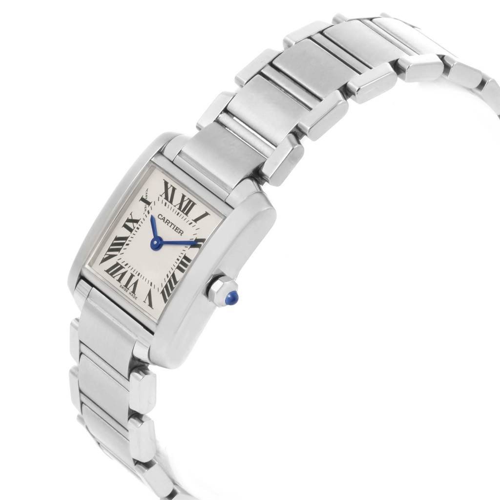The image shows a Cartier Tank Francaise W51008Q3 Women
s Stainless Steel Silver Dial W51008Q3 Women
s Stainless Steel Silver Dial watch at a three-quarter angle, displaying the face and stainless steel bracelet.