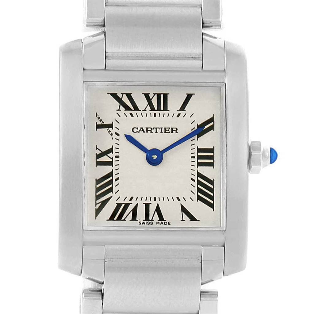 This image shows a front view of a Cartier Tank Francaise W51008Q3 Women
s Stainless Steel Silver Dial W51008Q3 Women
s Stainless Steel Silver Dial watch, highlighting the dial, blue hands, and part of the bracelet.