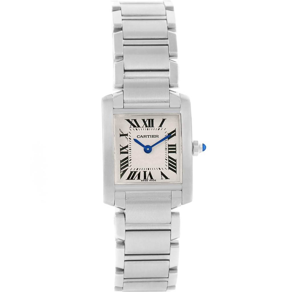 This image shows a front view of a Cartier Tank Francaise W51008Q3 Women's Stainless Steel Silver Dial W51008Q3 Women's Stainless Steel Silver Dial watch, highlighting its face, bracelet, and crown.