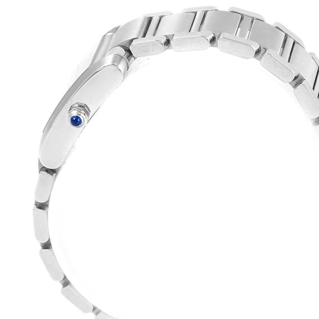 This is a side view angle of the Cartier Tank Francaise W51008Q3 Women's Stainless Steel Silver Dial W51008Q3 Women's Stainless Steel Silver Dial watch, showing the bracelet and the crown with a blue gemstone.