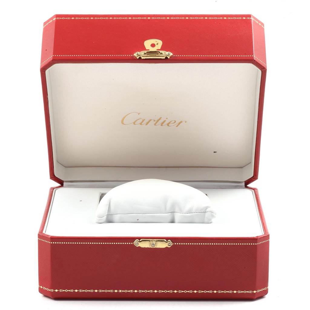 The image shows an open red Cartier box for the Tank Francaise model, featuring its interior pillow.