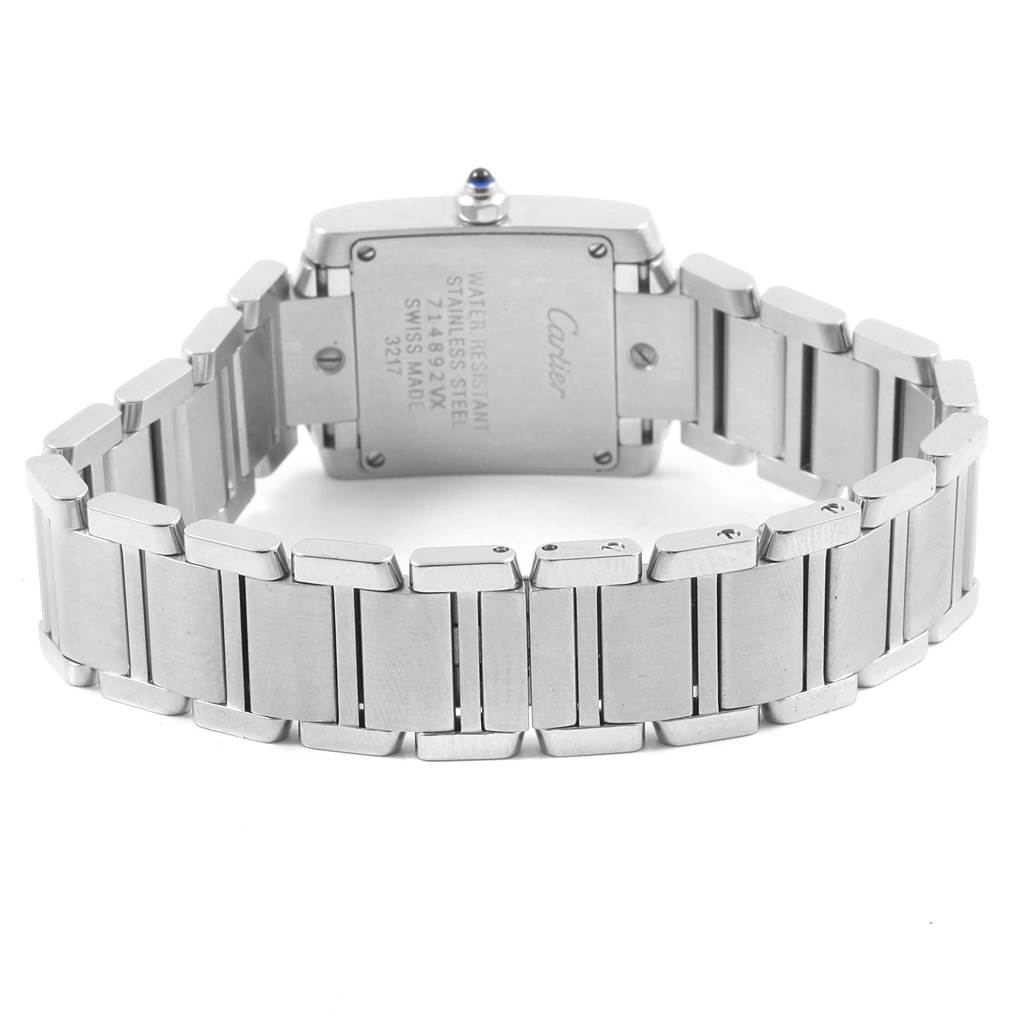 The image shows the back view of a Cartier Tank Francaise WE110006 Women's Stainless Steel Silver Dial WE110006 Women's Stainless Steel Silver Dial watch, highlighting its stainless steel casing and bracelet.