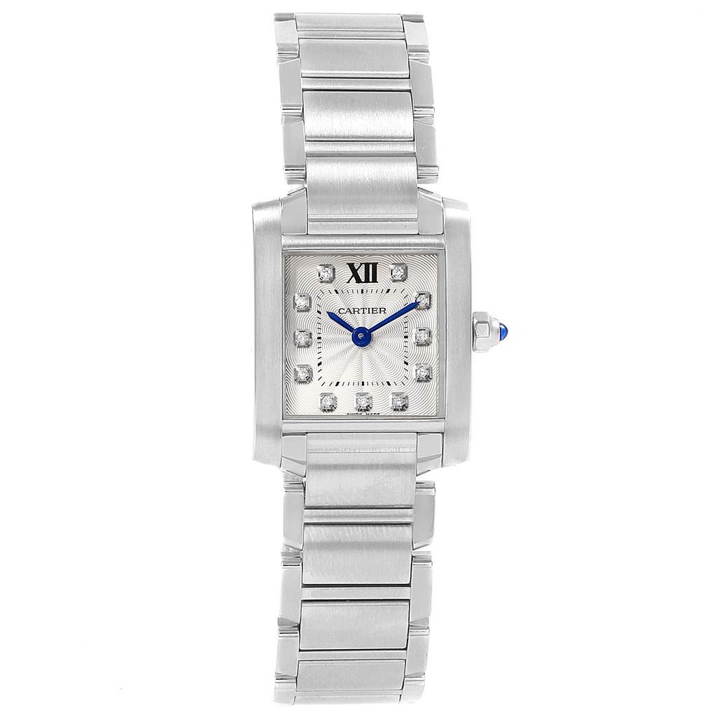 The Cartier Tank Francaise WE110006 Women's Stainless Steel Silver Dial WE110006 Women's Stainless Steel Silver Dial watch is shown from a front view, highlighting its square face and metal bracelet.