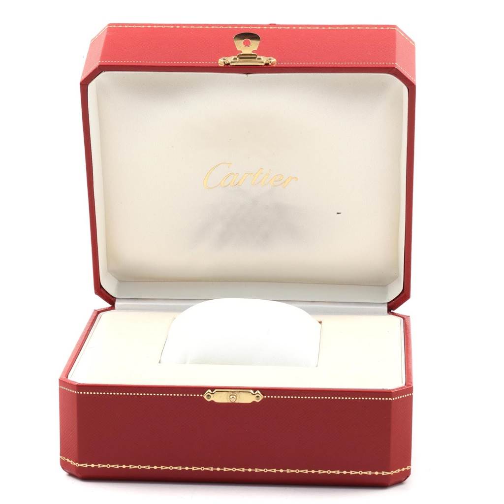 The image shows an open Cartier Tank Francaise WE110006 Women's Stainless Steel Silver Dial WE110006 Women's Stainless Steel Silver Dial watch box from a frontal angle, with the Cartier logo inside the lid.