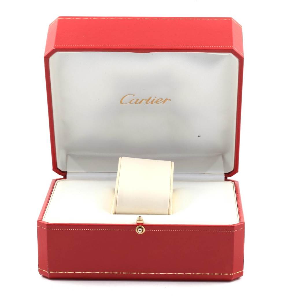 The image shows an open Cartier box for a Tank Francaise watch, displaying the cushion for the watch.
