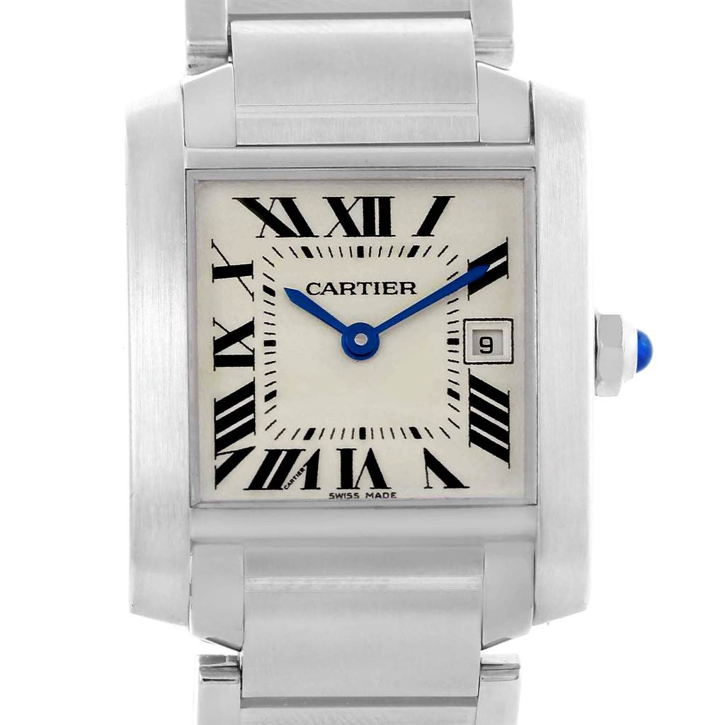 This image shows a front view of the Cartier Tank Francaise W51011Q3 Women's Stainless Steel Silver Dial W51011Q3 Women's Stainless Steel Silver Dial watch displaying the dial, hands, and date window.