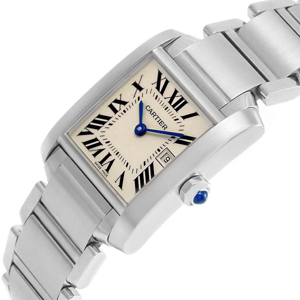 The image shows a close-up, angled view of the Cartier Tank Francaise W51011Q3 Women's Stainless Steel Silver Dial W51011Q3 Women's Stainless Steel Silver Dial watch, highlighting its dial, crown, and part of the bracelet.