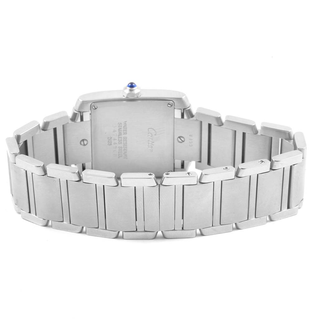 The image shows a rear view of a Cartier Tank Francaise W51011Q3 Women's Stainless Steel Silver Dial W51011Q3 Women's Stainless Steel Silver Dial watch, highlighting its bracelet and case back.