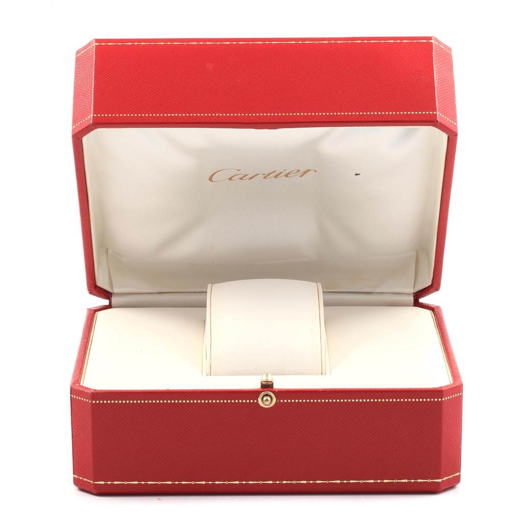 This image shows an open red Cartier watch box designed for the Tank Francaise model, viewed from the front.