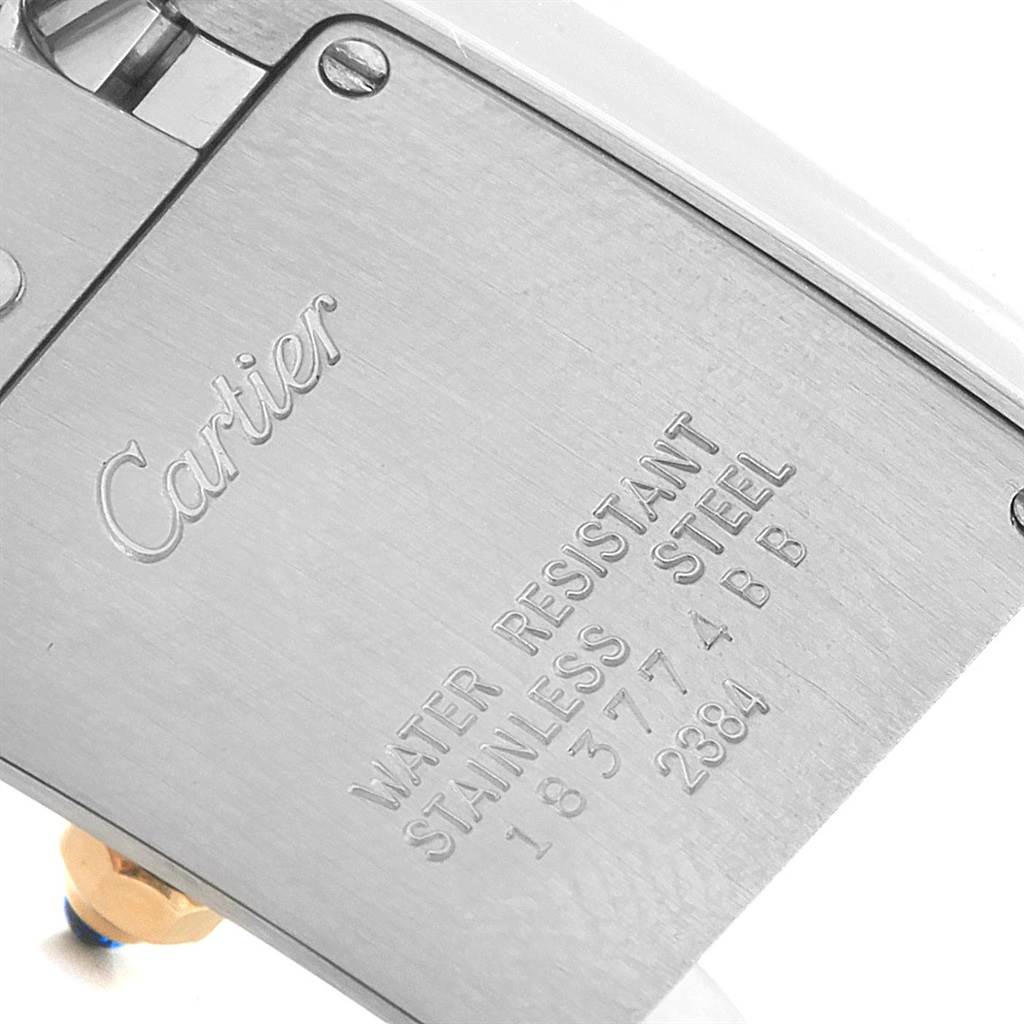 The image shows the back case of the Cartier Tank Francaise W51007Q4 Women's Steel and Gold (two tone) Silver Dial W51007Q4 Women's Steel and Gold (two tone) Silver Dial watch, displaying the brand name and specifications.