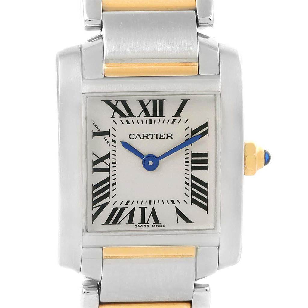This Cartier Tank Francaise W51007Q4 Women's Steel and Gold (two tone) Silver Dial W51007Q4 Women's Steel and Gold (two tone) Silver Dial watch is shown from a front angle, displaying the dial, Roman numerals, hands, and part of the bracelet.