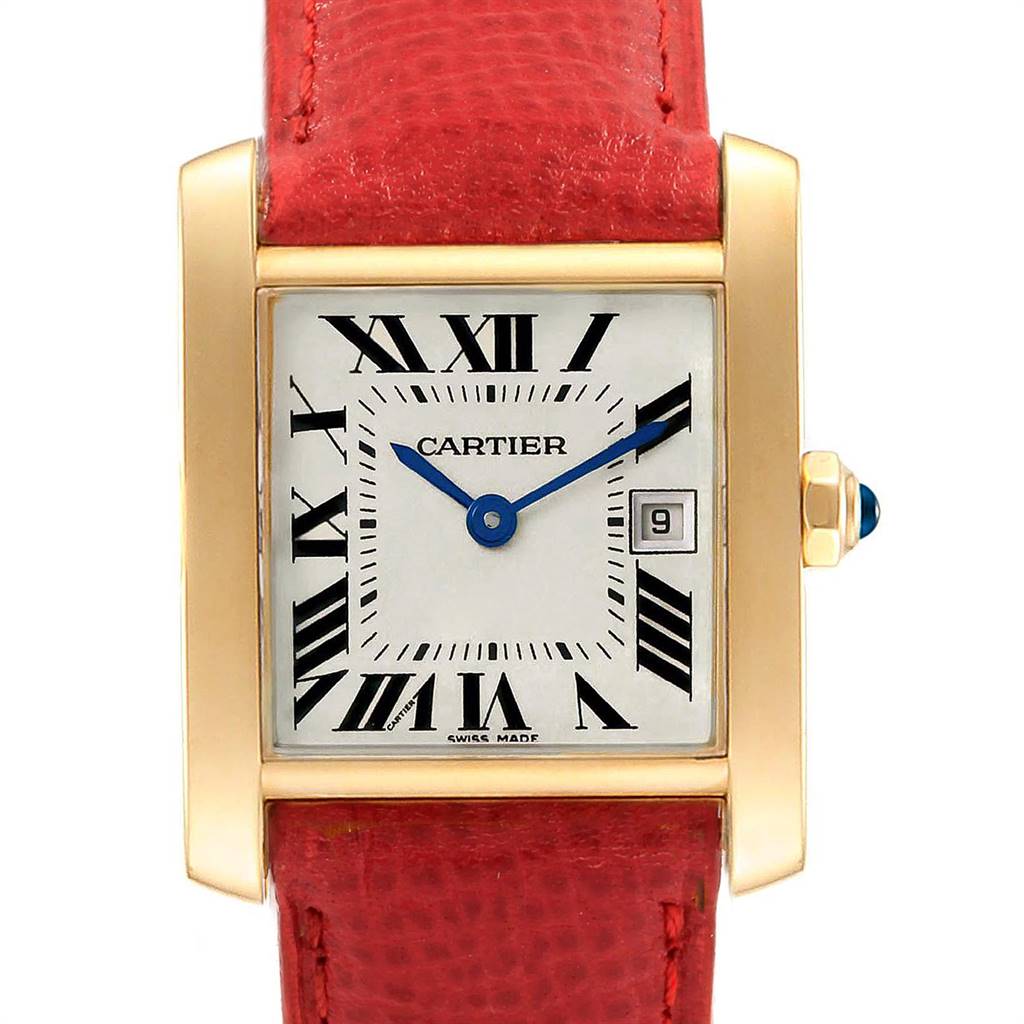 The image shows a front view of a Cartier Tank Francaise W50014N2 Women's Yellow Gold Silver Dial W50014N2 Women's Yellow Gold Silver Dial watch with a gold case, white dial, and red leather strap.