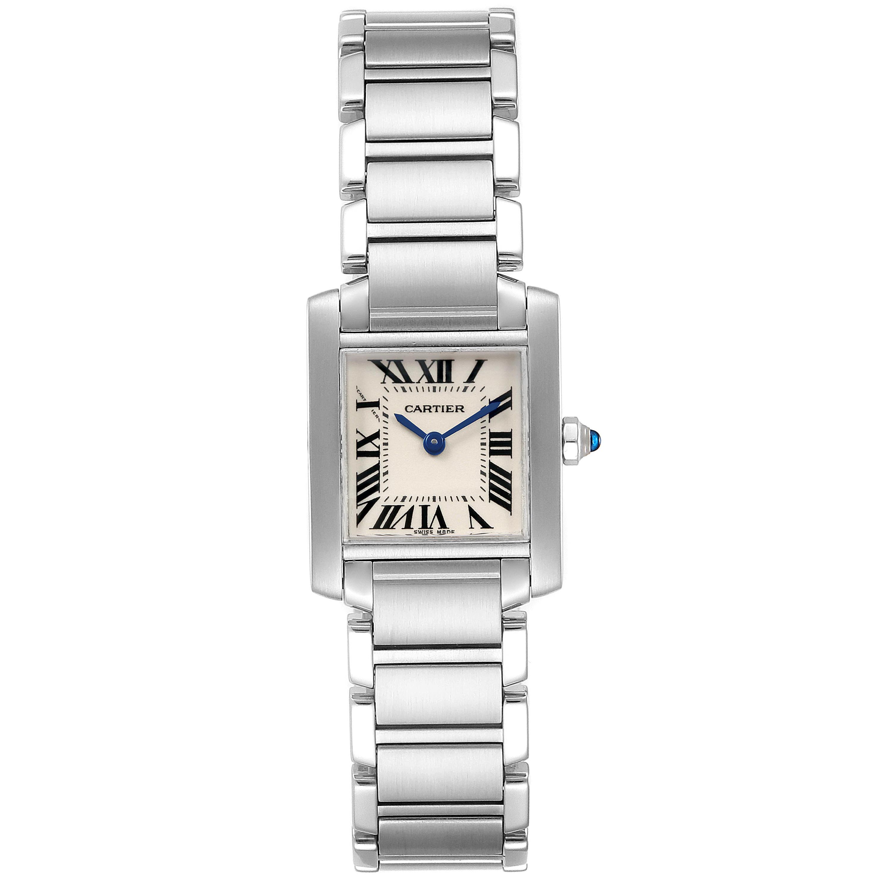 This Cartier Tank Francaise W51008Q3 Women's Stainless Steel Silver Dial W51008Q3 Women's Stainless Steel Silver Dial watch is shown from a top view, displaying its face, case, and metal bracelet.