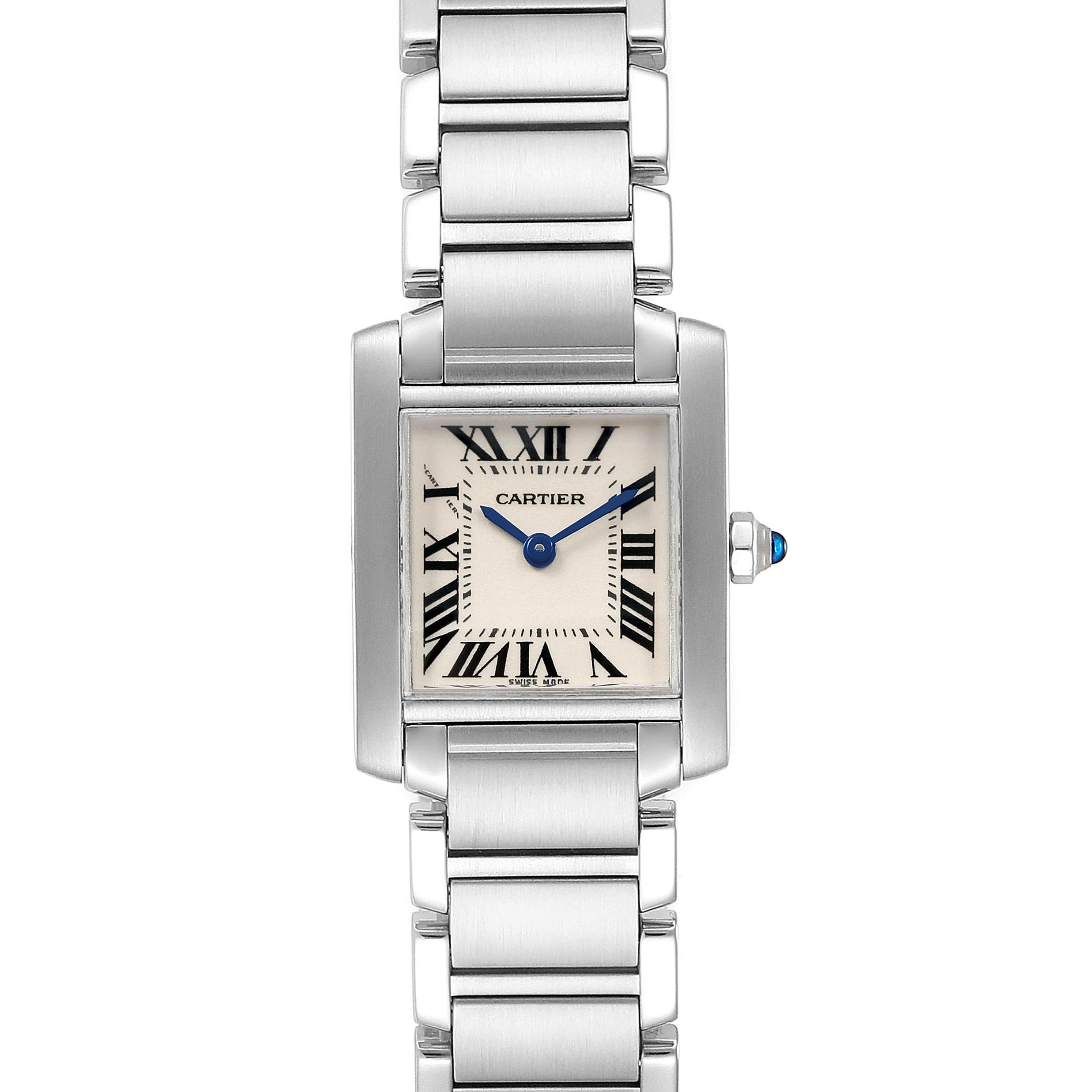 The image shows a front view of the Cartier Tank Francaise W51008Q3 Women's Stainless Steel Silver Dial W51008Q3 Women's Stainless Steel Silver Dial watch, displaying its face, hands, and bracelet.