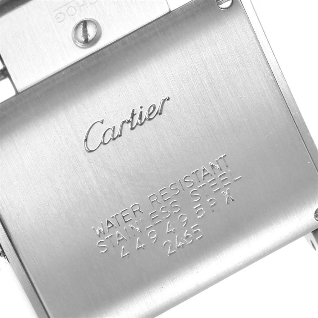 The image shows the back case of a Cartier Tank Francaise W51011Q3 Women's Stainless Steel Silver Dial W51011Q3 Women's Stainless Steel Silver Dial watch, highlighting its water resistance and stainless steel construction.