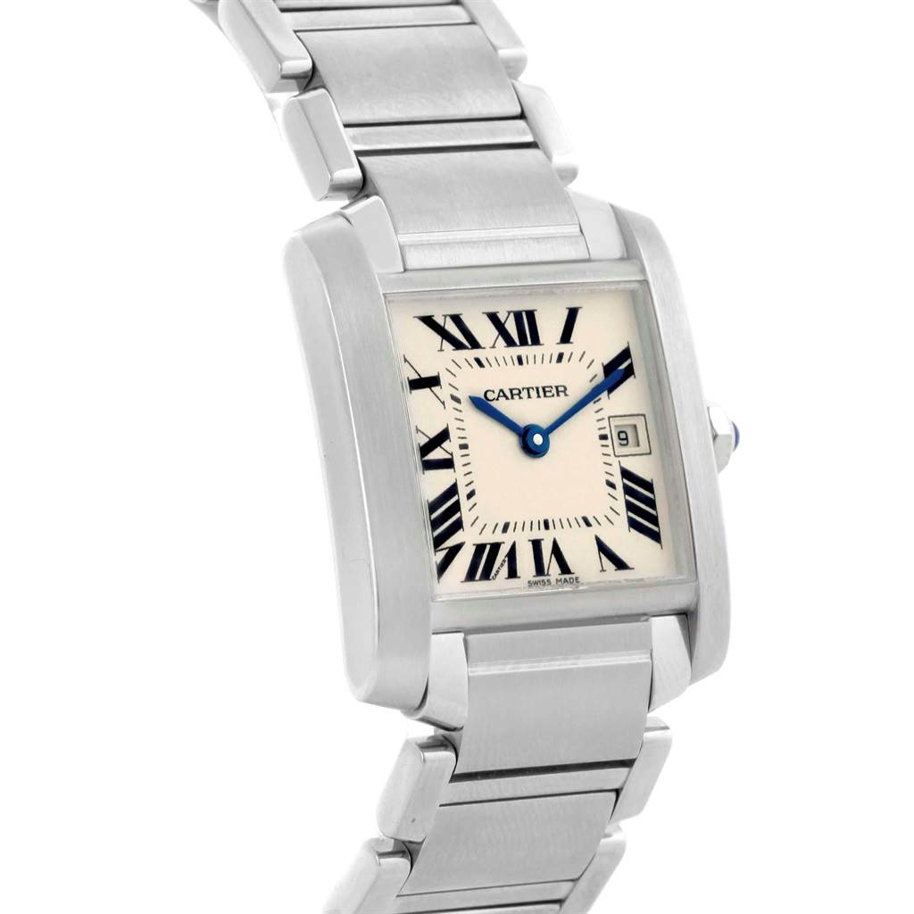The image shows a Cartier Tank Française watch displaying its face, band, and partial case at a slight angle.