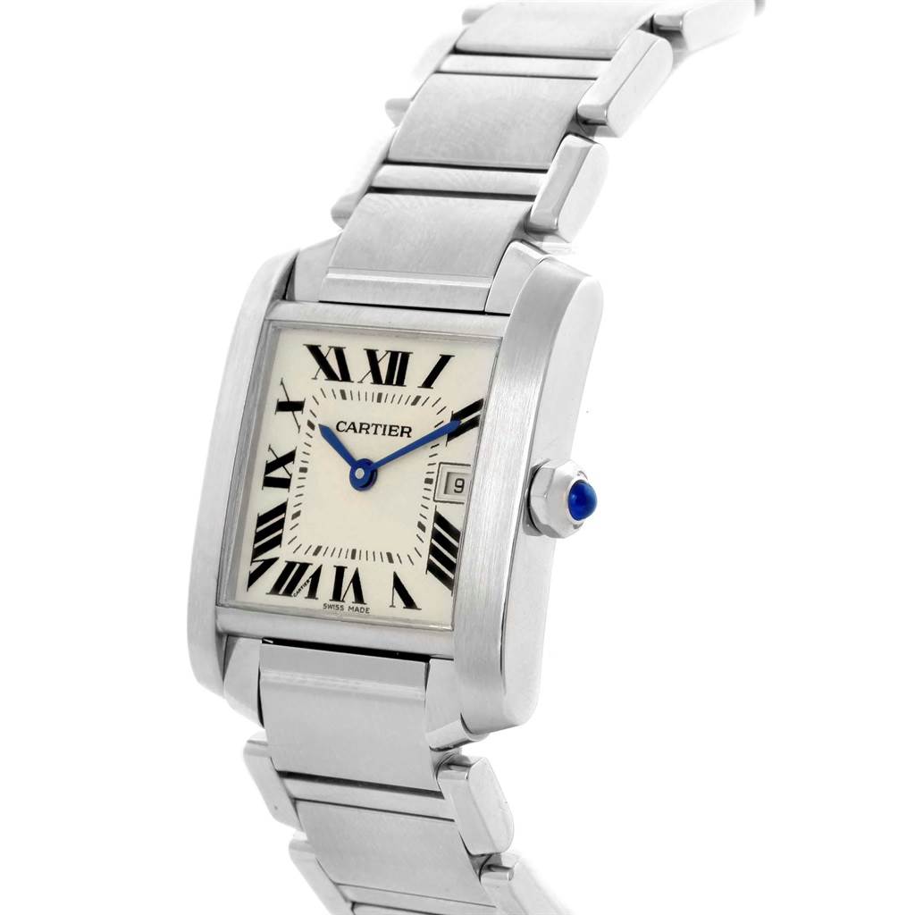 The image shows a Cartier Tank Francaise W51011Q3 Women's Stainless Steel Silver Dial W51011Q3 Women's Stainless Steel Silver Dial watch at a slight angle, highlighting its rectangular face, Roman numerals, and metal bracelet.