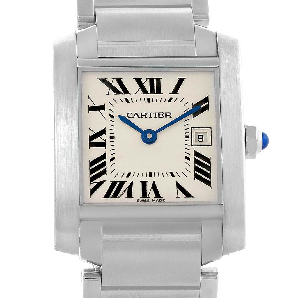 This image shows a frontal view of the Cartier Tank Francaise W51011Q3 Women's Stainless Steel Silver Dial W51011Q3 Women's Stainless Steel Silver Dial watch, highlighting its face, dial, hands, and part of the bracelet.