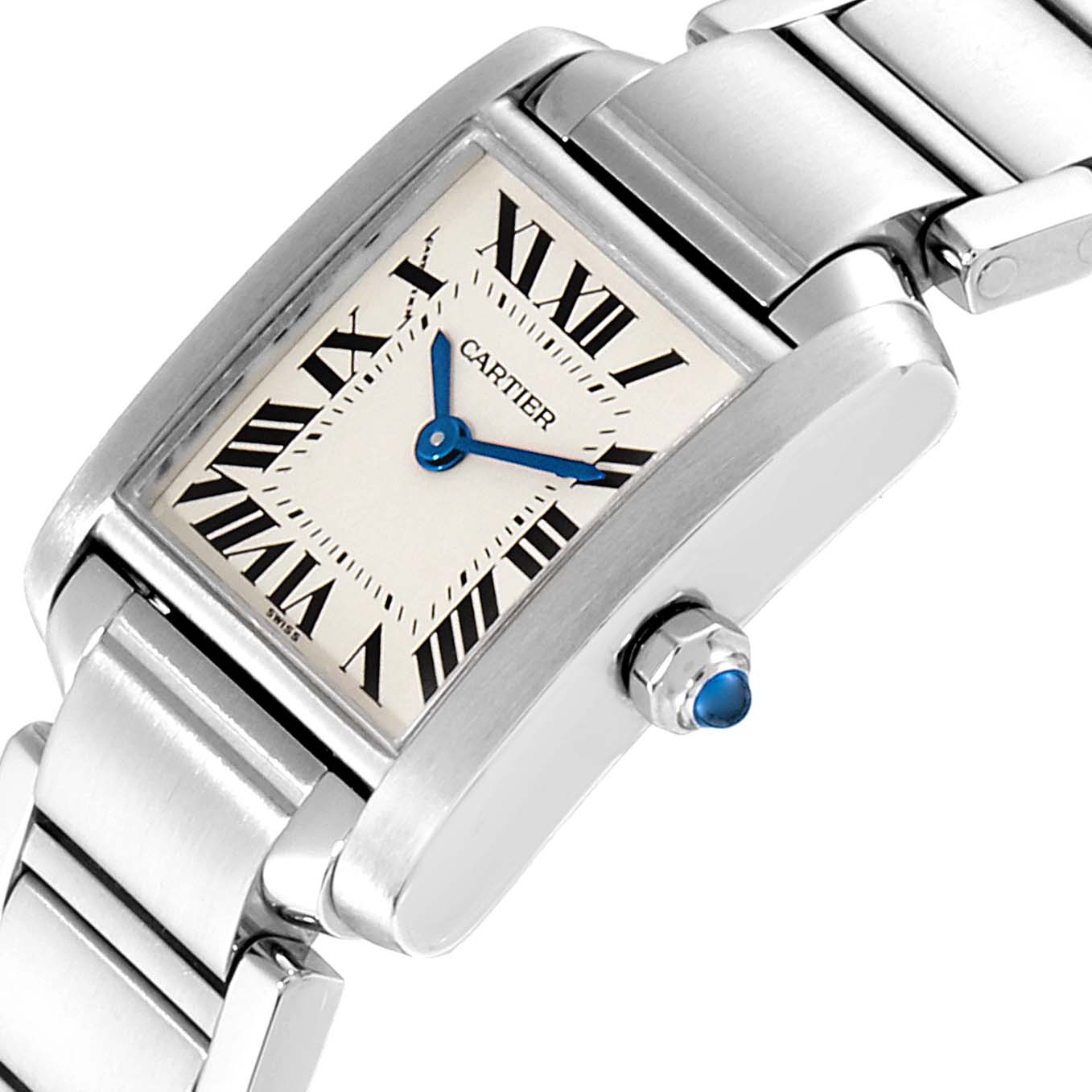 This Cartier Tank Francaise W51008Q3 Women
s Stainless Steel Silver Dial W51008Q3 Women
s Stainless Steel Silver Dial watch is shown from an angle emphasizing the rectangular case, dial, crown, and part of the bracelet.