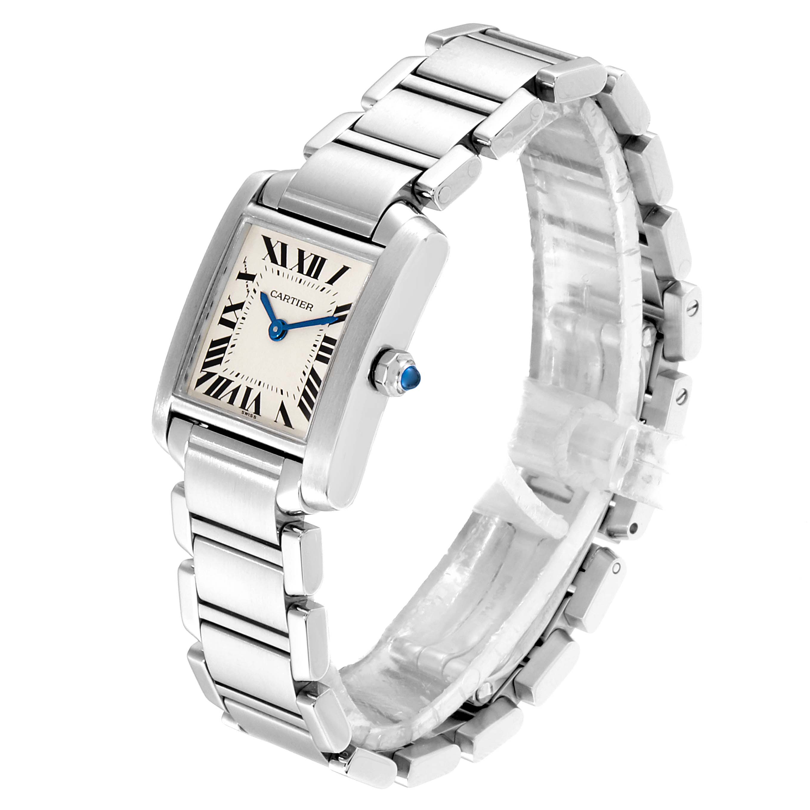 The image shows a Cartier Tank Francaise W51008Q3 Women
s Stainless Steel Silver Dial W51008Q3 Women
s Stainless Steel Silver Dial watch at an angled view featuring the face with Roman numerals, blue hands, and metallic bracelet.
