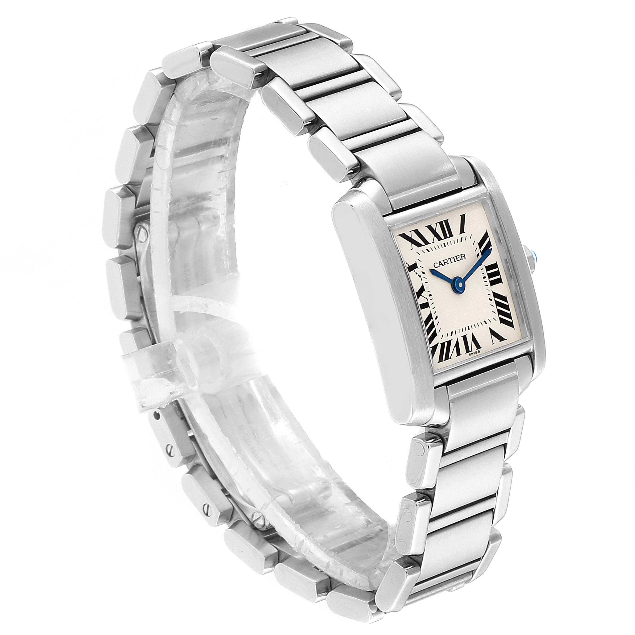 The Cartier Tank Francaise W51008Q3 Women
s Stainless Steel Silver Dial W51008Q3 Women
s Stainless Steel Silver Dial watch is shown at a three-quarter angle, highlighting its rectangular face and link bracelet.