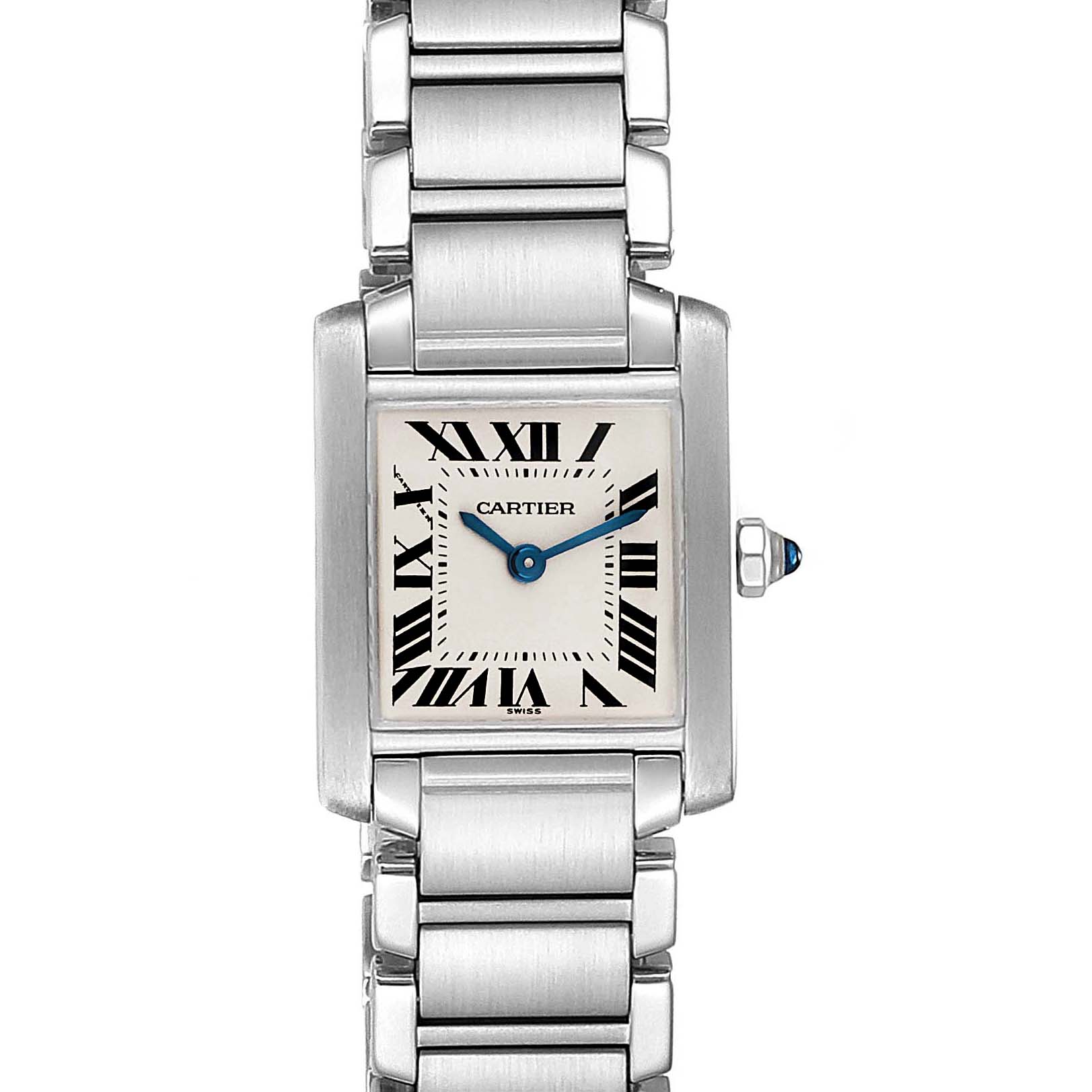 The image shows a front view of a Cartier Tank Francaise W51008Q3 Women
s Stainless Steel Silver Dial W51008Q3 Women
s Stainless Steel Silver Dial watch, highlighting its stainless steel bracelet, rectangular dial, and blue hands.