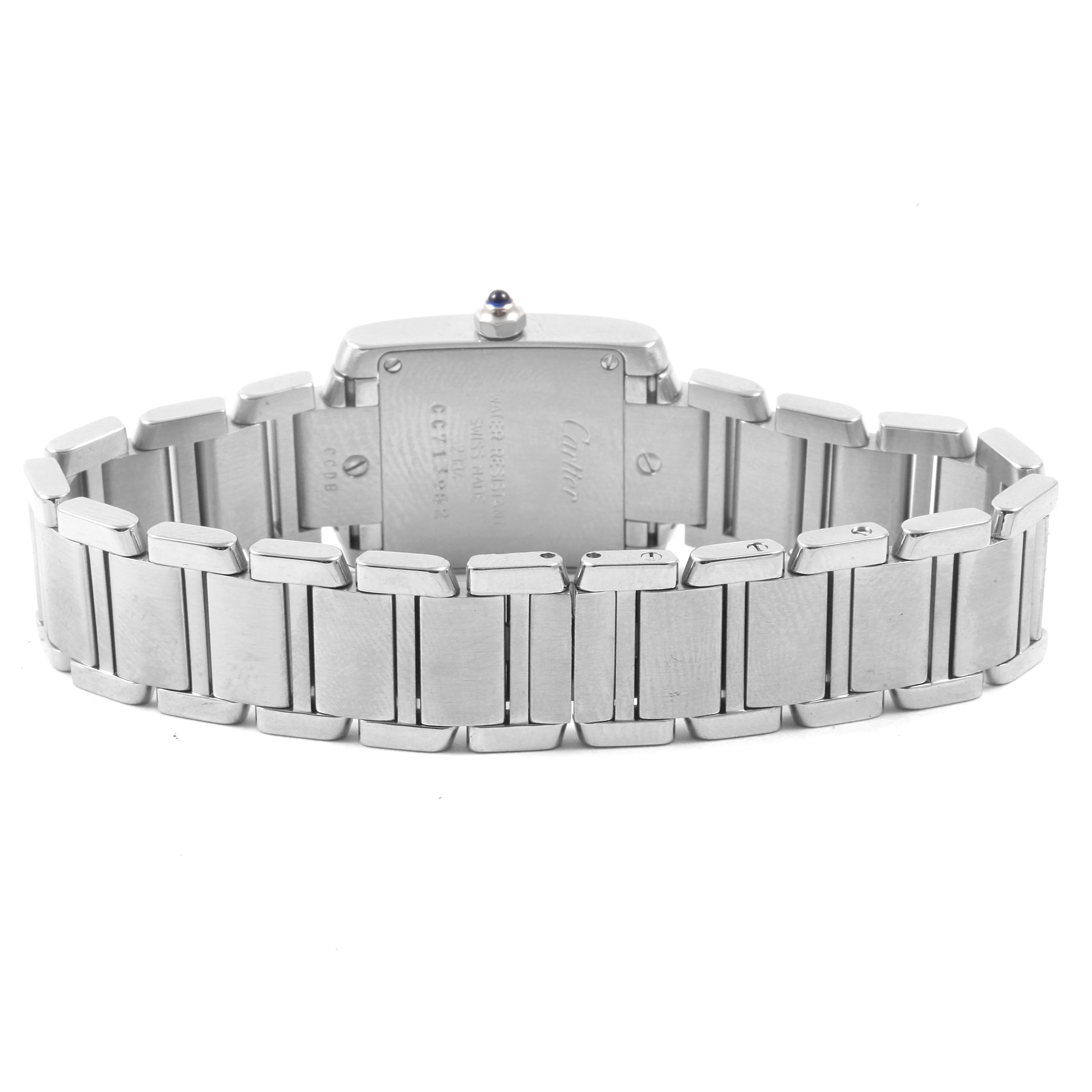 The image shows the back view and bracelet of a Cartier Tank Francaise W51008Q3 Women's Stainless Steel Silver Dial W51008Q3 Women's Stainless Steel Silver Dial watch.