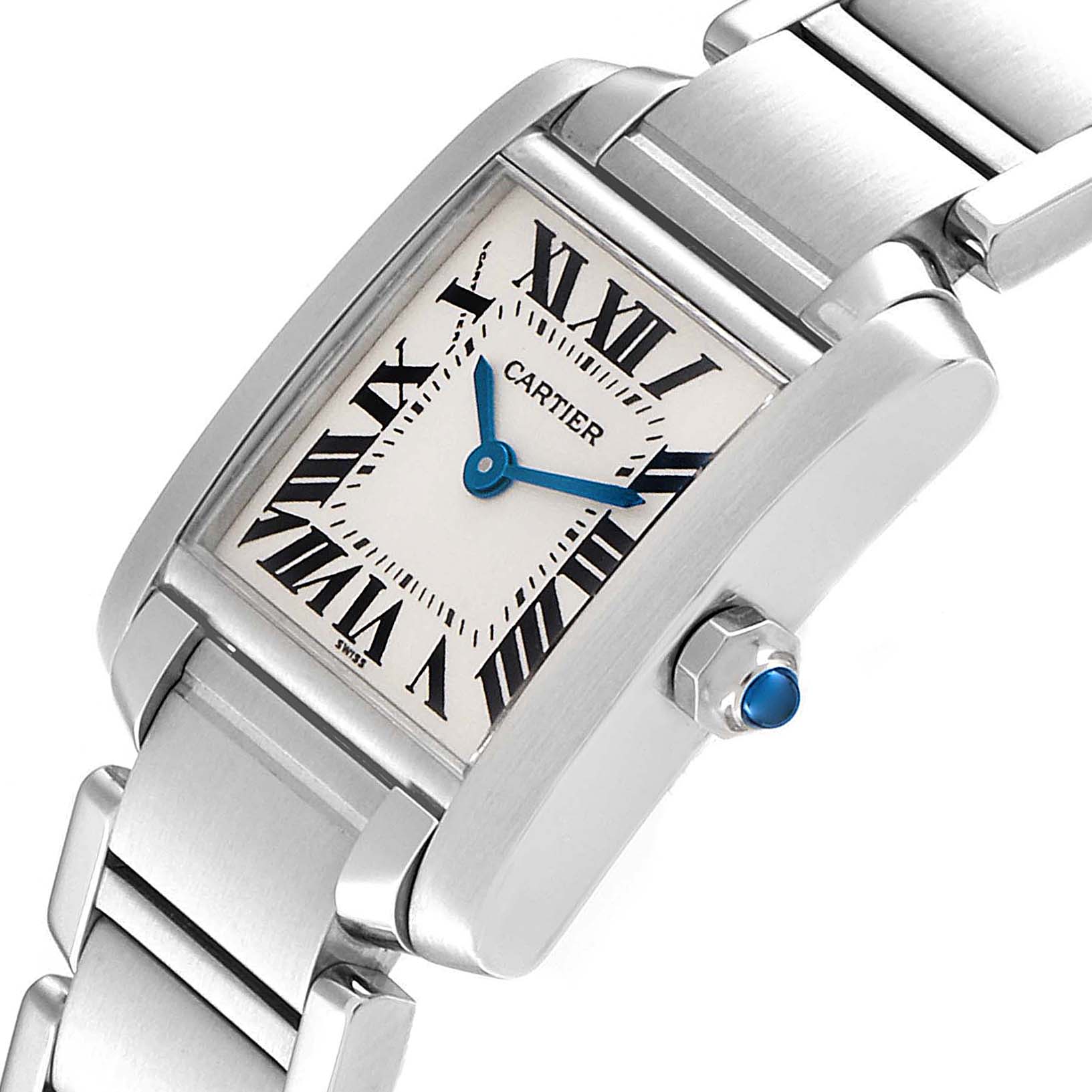The image shows a side angle of the Cartier Tank Française watch, highlighting its rectangular face, Roman numeral dial, and metal bracelet.