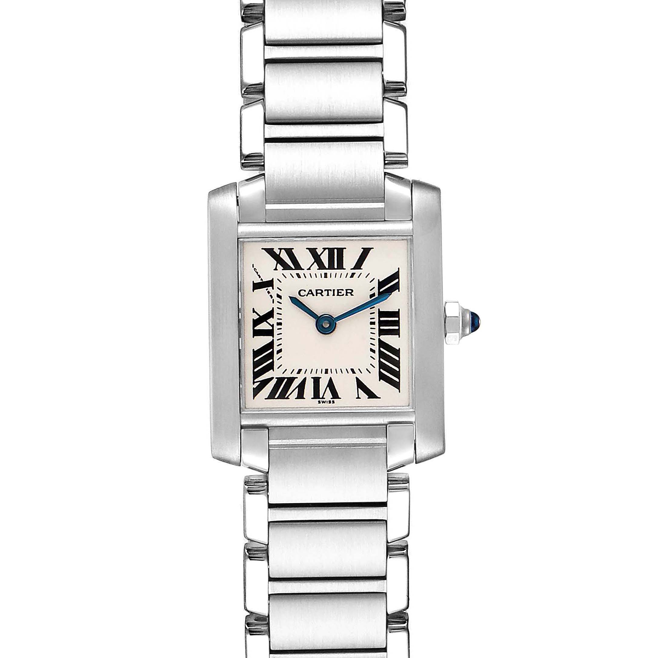 The image shows a front view of the Cartier Tank Francaise W51008Q3 Women's Stainless Steel Silver Dial W51008Q3 Women's Stainless Steel Silver Dial watch, highlighting its rectangular dial and metal bracelet.