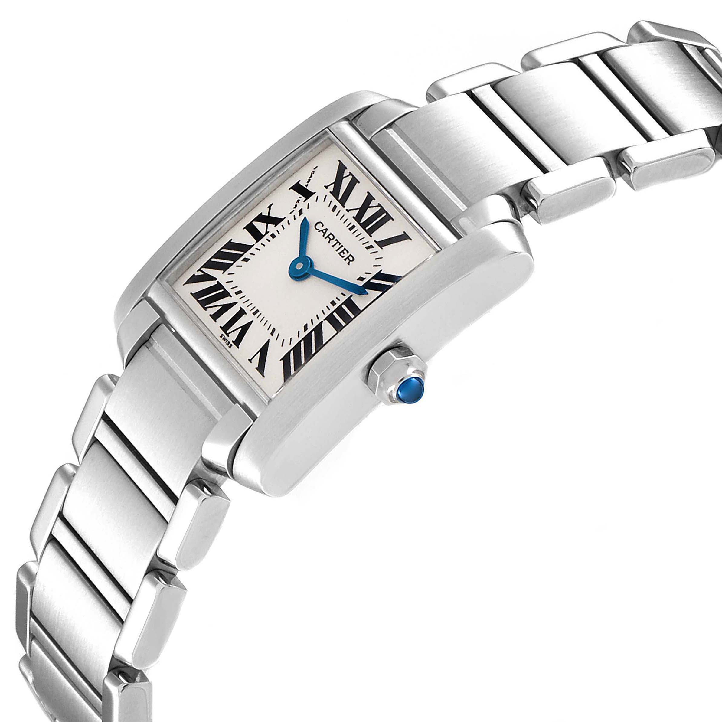 The Cartier Tank Francaise W51008Q3 Women's Stainless Steel Silver Dial W51008Q3 Women's Stainless Steel Silver Dial watch is shown at an angle displaying its rectangular face, Roman numeral dial, blue hands, and metal bracelet.