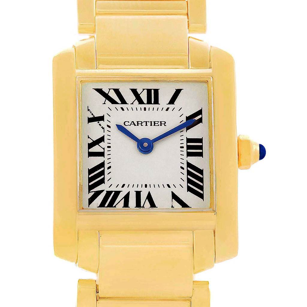 This is a front view of the Cartier Tank Francaise W50002N2 Women's Yellow Gold Silver Dial W50002N2 Women's Yellow Gold Silver Dial watch, showing the face, bracelet, and crown.