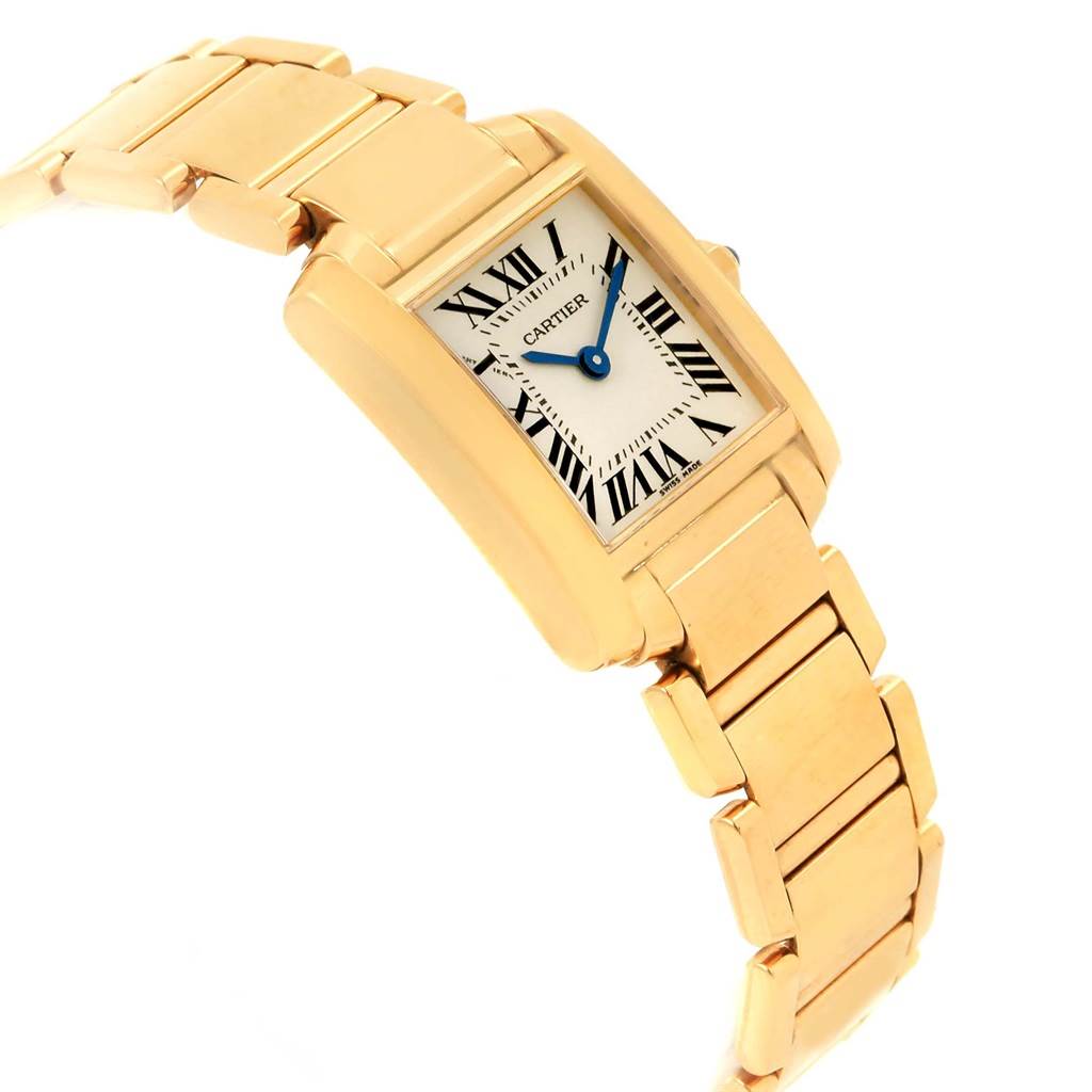 The image shows a Tank Française model by Cartier from a front-side angle, highlighting the watch face and part of the bracelet.