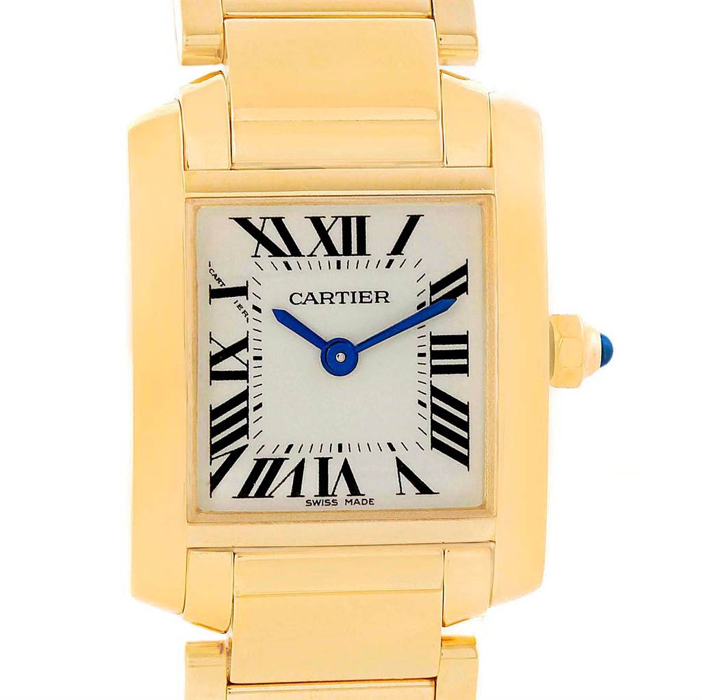 The image shows a front view of a Cartier Tank Française watch, highlighting the face, hands, and part of the bracelet.