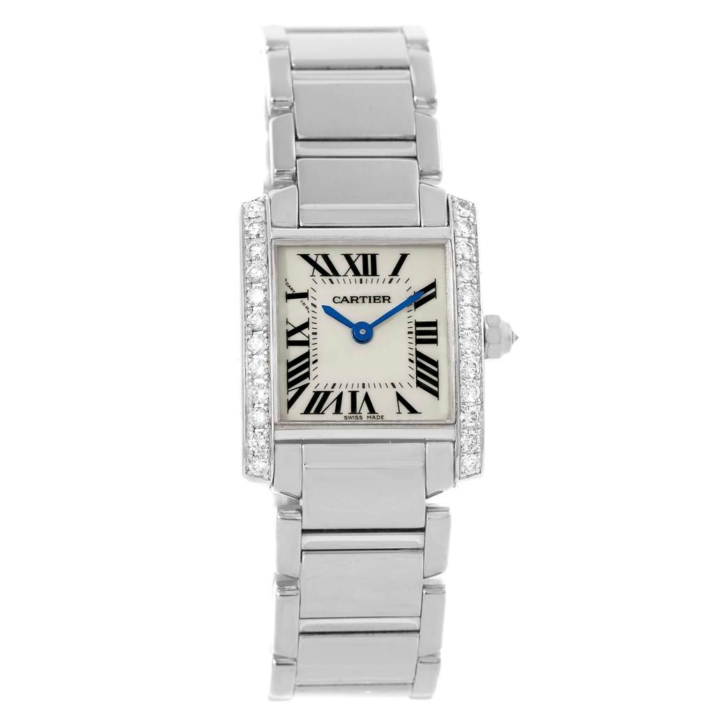 The image shows a frontal view of the Cartier Tank Francaise WE1002S3 Women's White Gold Silver Dial WE1002S3 Women's White Gold Silver Dial watch, highlighting its face, bezel, and bracelet.