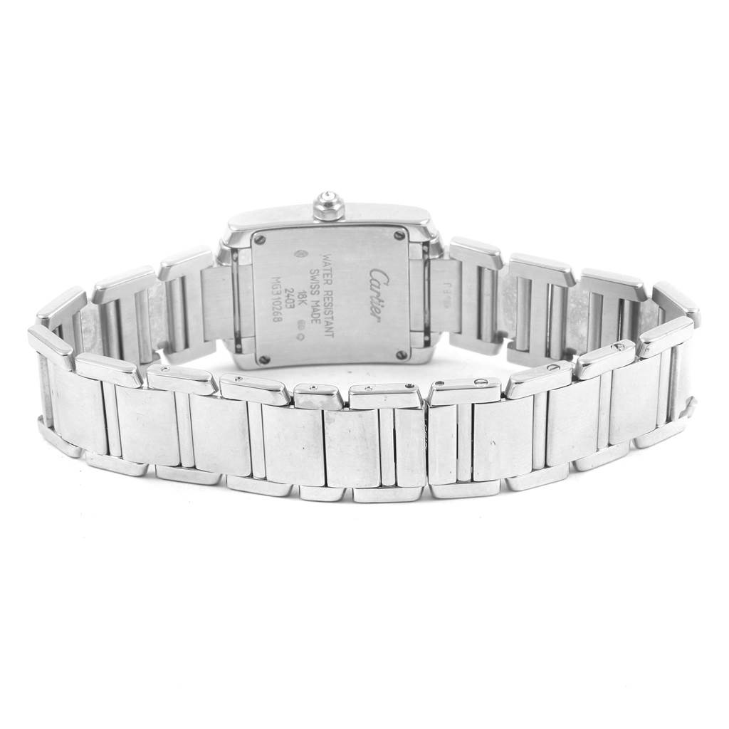 The image shows the back view and stainless steel bracelet of the Cartier Tank Francaise WE1002S3 Women's White Gold Silver Dial WE1002S3 Women's White Gold Silver Dial watch.