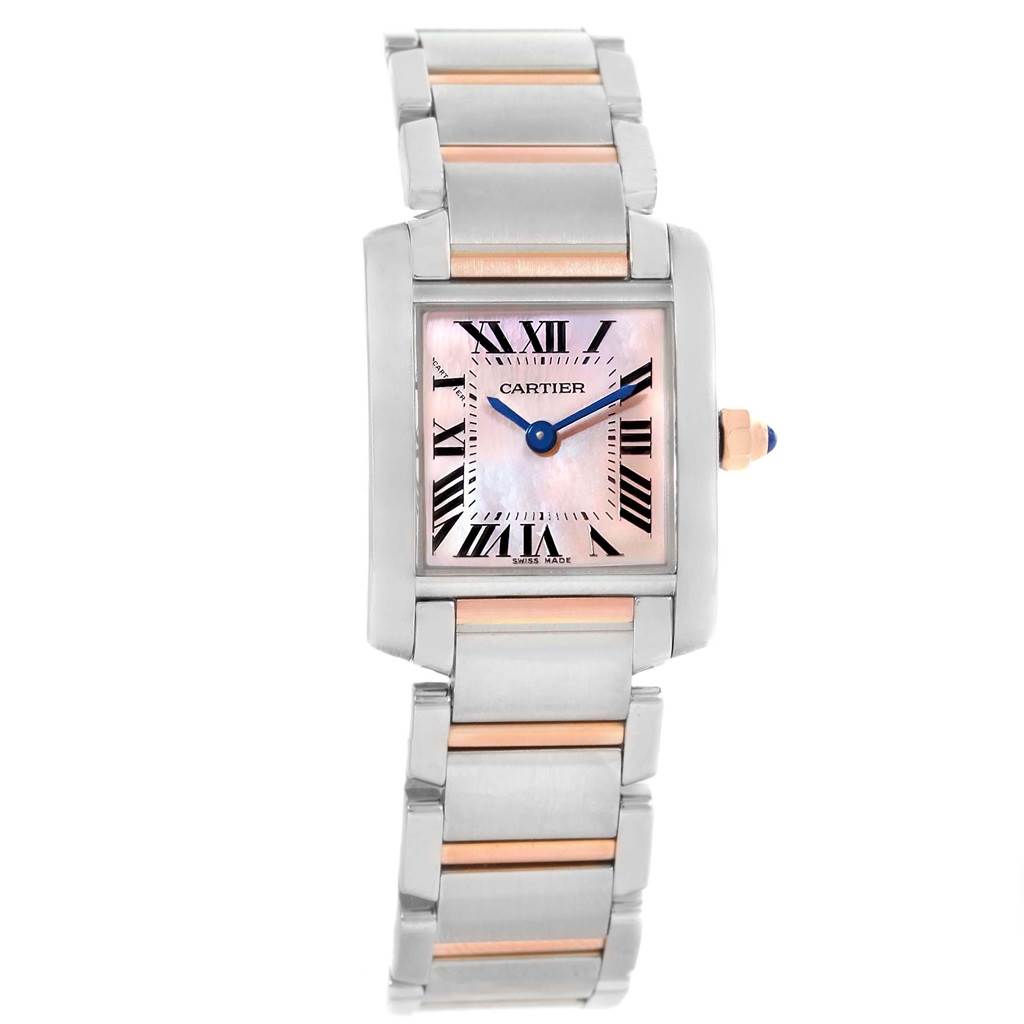 The image shows the Cartier Tank Francaise W51027Q4 Women's Steel and Gold (two tone) Mother of Pearl Dial W51027Q4 Women's Steel and Gold (two tone) Mother of Pearl Dial watch from a front angle, highlighting the dial, case, and bracelet.