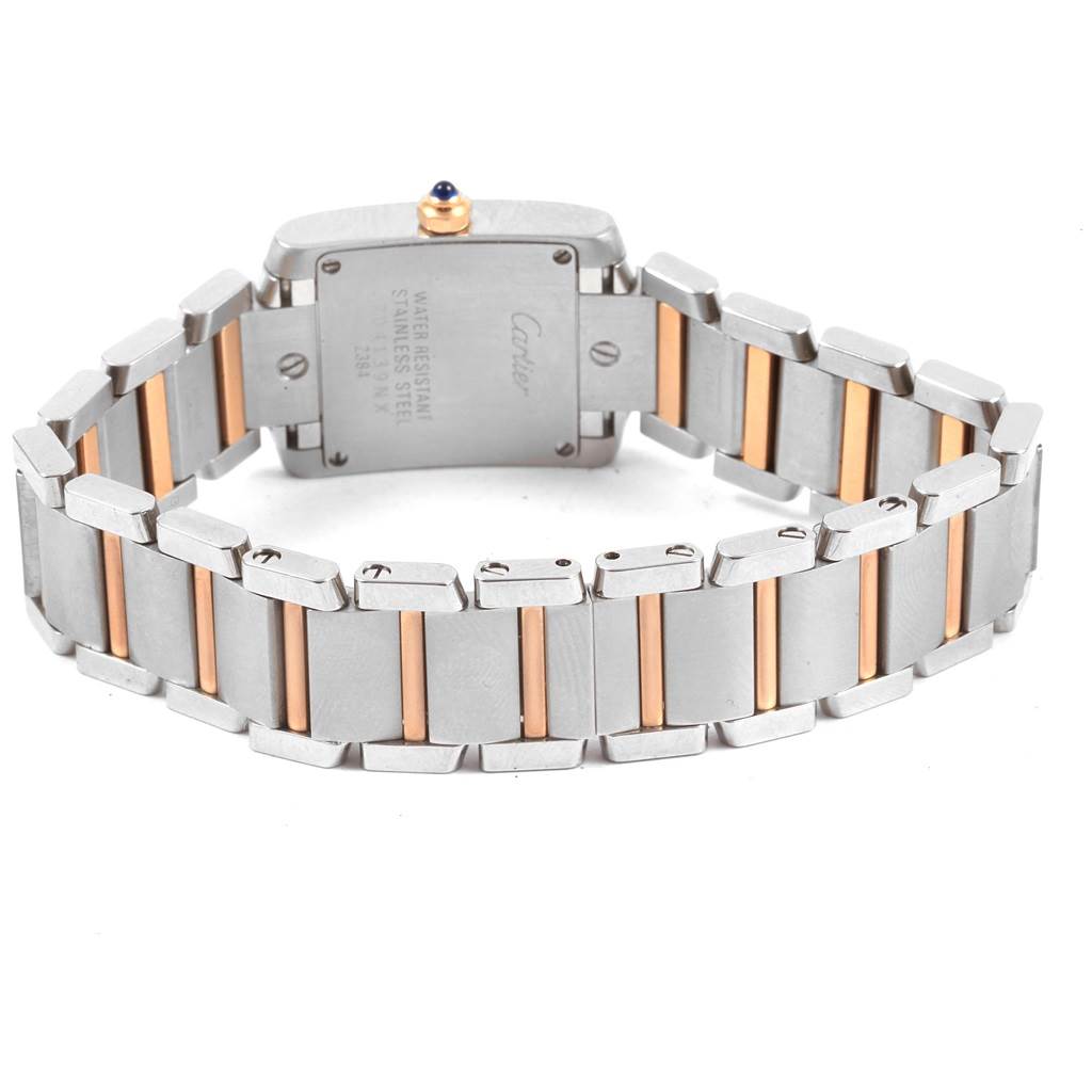 The image shows the back angle of a Cartier Tank Francaise W51027Q4 Women's Steel and Gold (two tone) Mother of Pearl Dial W51027Q4 Women's Steel and Gold (two tone) Mother of Pearl Dial watch, highlighting its two-tone stainless steel and gold bracelet.