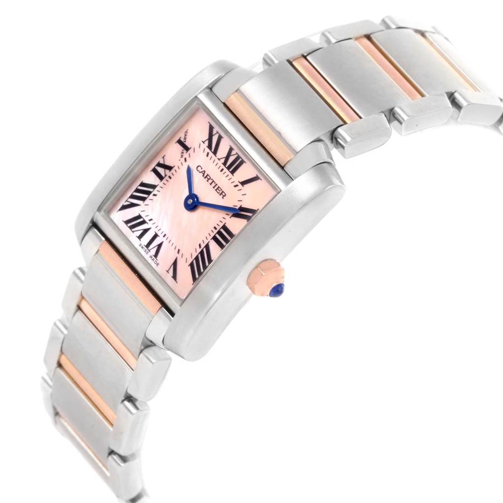 The Cartier Tank Francaise W51027Q4 Women's Steel and Gold (two tone) Mother of Pearl Dial W51027Q4 Women's Steel and Gold (two tone) Mother of Pearl Dial watch is shown from an angled view, displaying its dial, bracelet, and crown.
