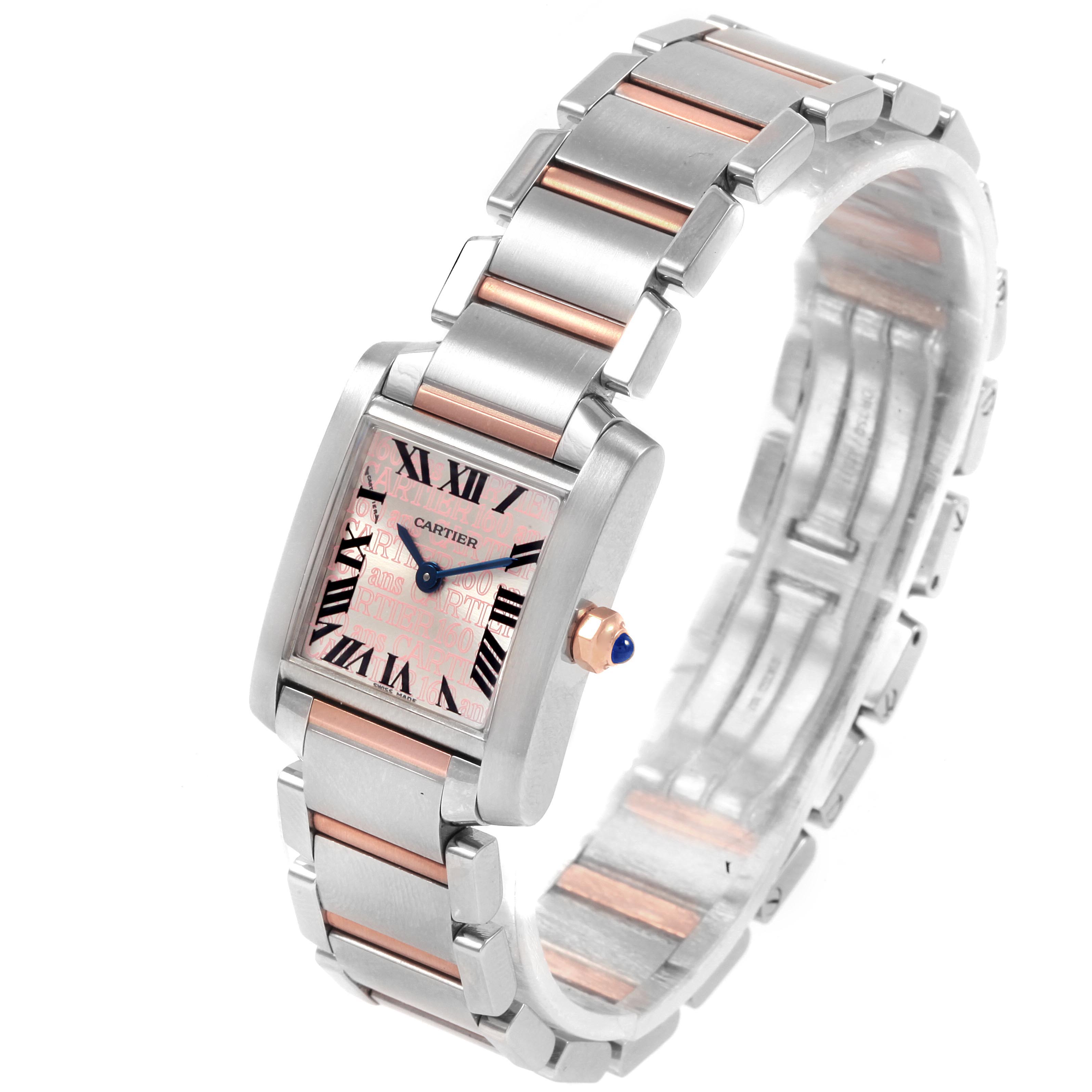 The image shows a Cartier Tank Française watch at a slight angle highlighting its dial, bracelet, and bezel.