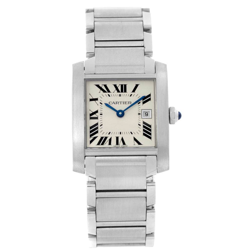 The image shows a front view of the Cartier Tank Française watch, displaying its face, dial, bracelet, and case.
