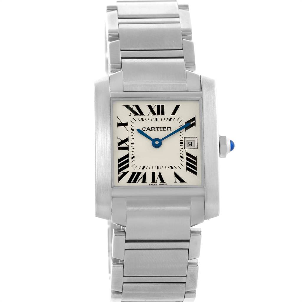 The Cartier Tank Francaise W51011Q3 Women's Stainless Steel Silver Dial W51011Q3 Women's Stainless Steel Silver Dial watch is shown from a front angle, displaying its face, Roman numerals, blue hands, and metal bracelet.