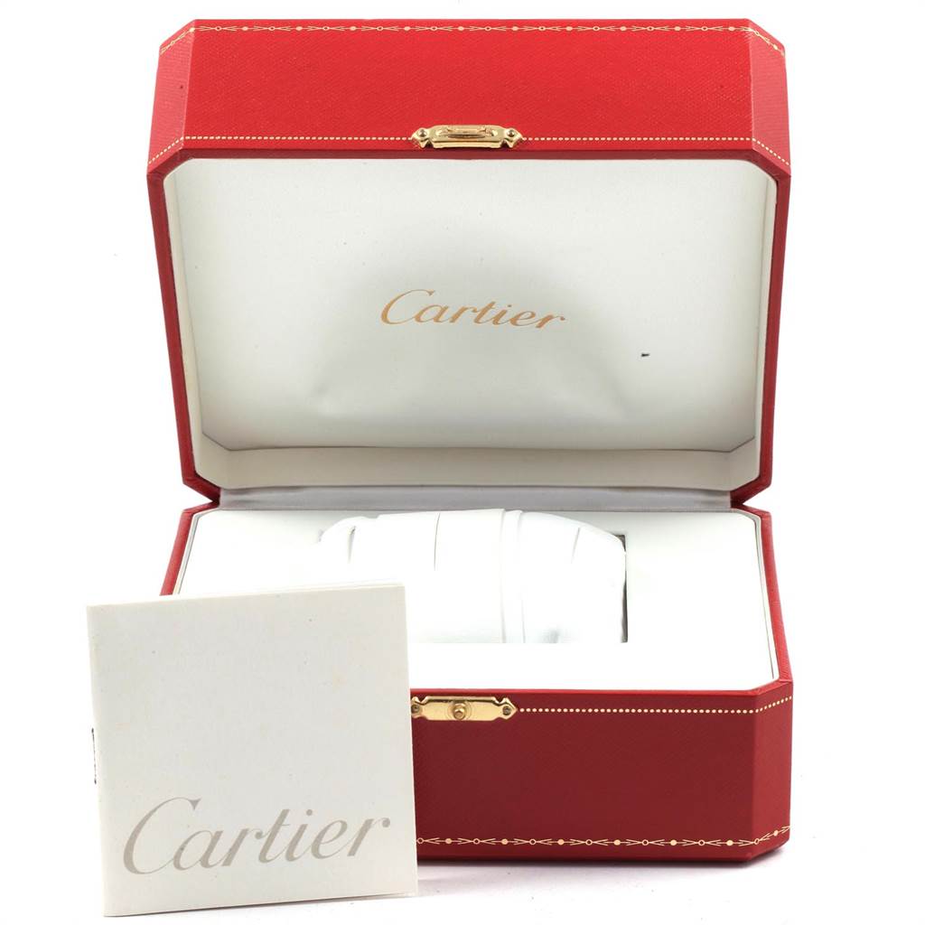 This image shows a Cartier Tank Francaise W51011Q3 Women's Stainless Steel Silver Dial W51011Q3 Women's Stainless Steel Silver Dial watch box and warranty booklet, photographed from the front.