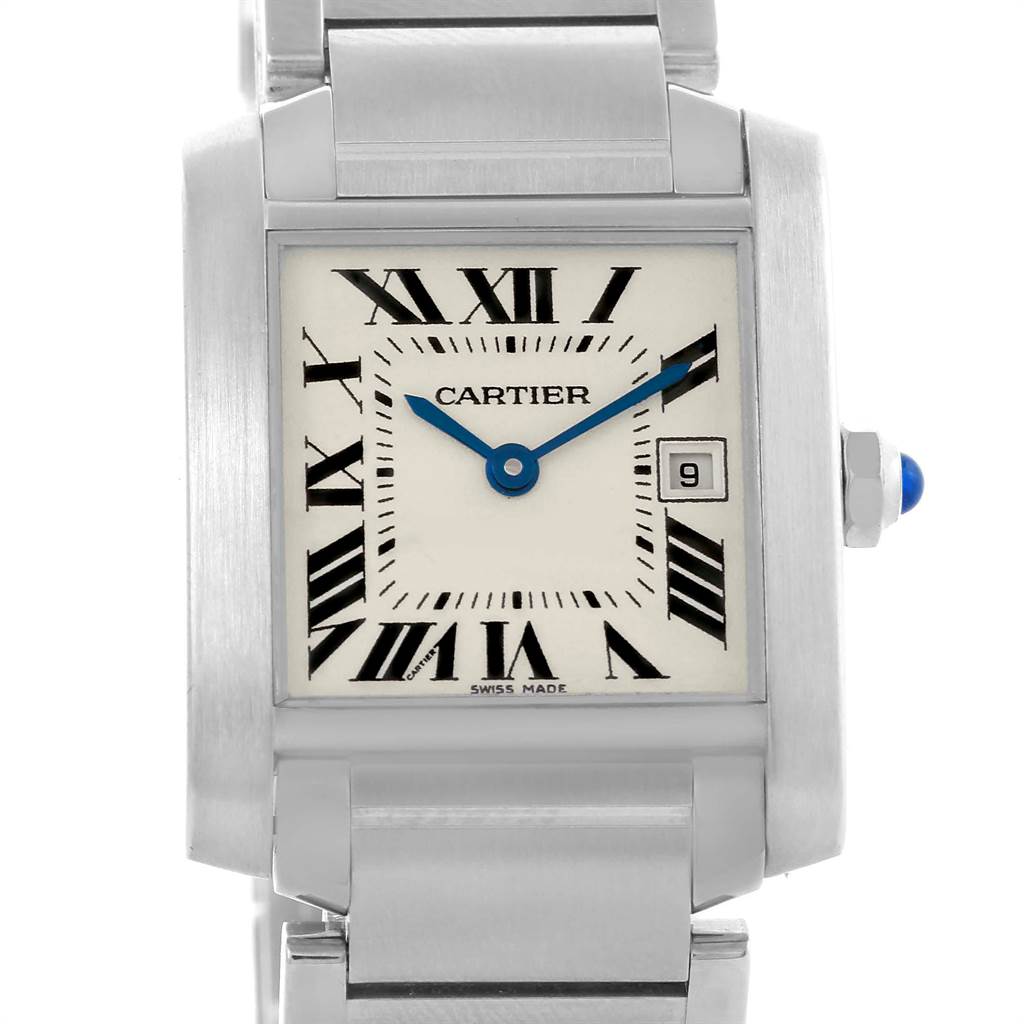 This image shows a close-up of the Cartier Tank Francaise W51011Q3 Women's Stainless Steel Silver Dial W51011Q3 Women's Stainless Steel Silver Dial watch face and part of the bracelet from the front angle.