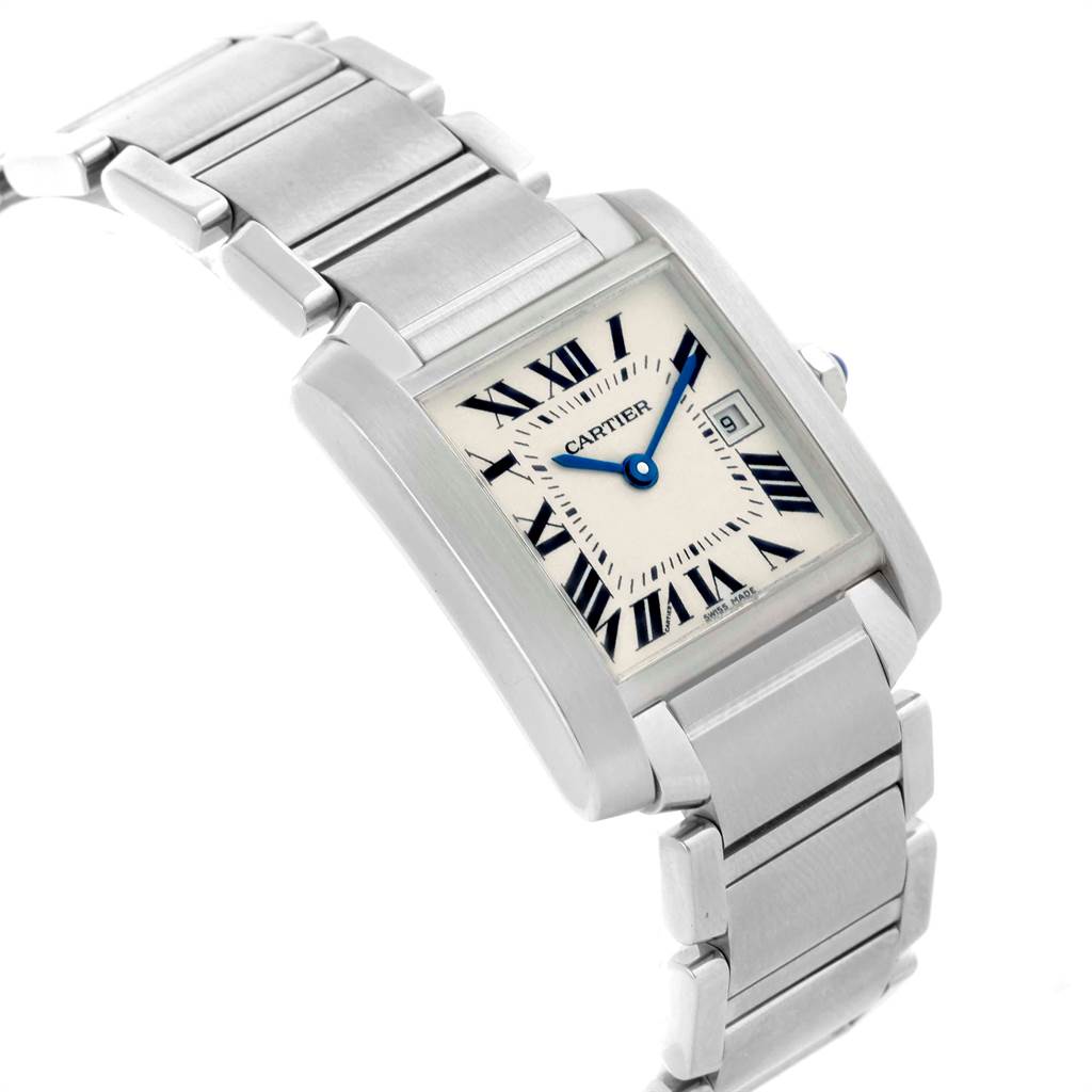 The image shows a Cartier Tank Francaise W51011Q3 Women's Stainless Steel Silver Dial W51011Q3 Women's Stainless Steel Silver Dial watch at a tilted angle, highlighting the face, band, Roman numerals, and hands.