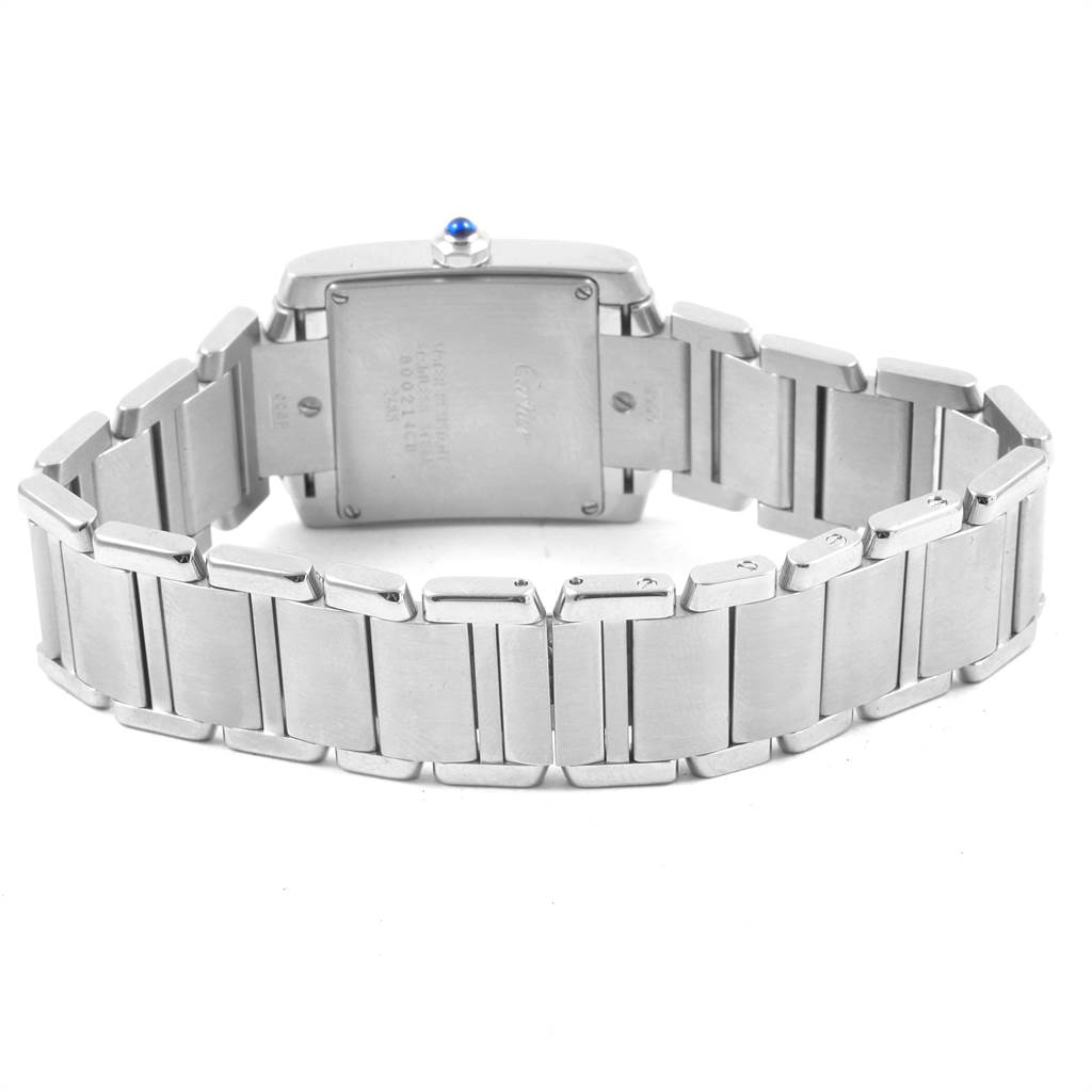 The image shows the back view of a Cartier Tank Francaise W51011Q3 Women's Stainless Steel Silver Dial W51011Q3 Women's Stainless Steel Silver Dial watch, highlighting its stainless steel bracelet and case back.