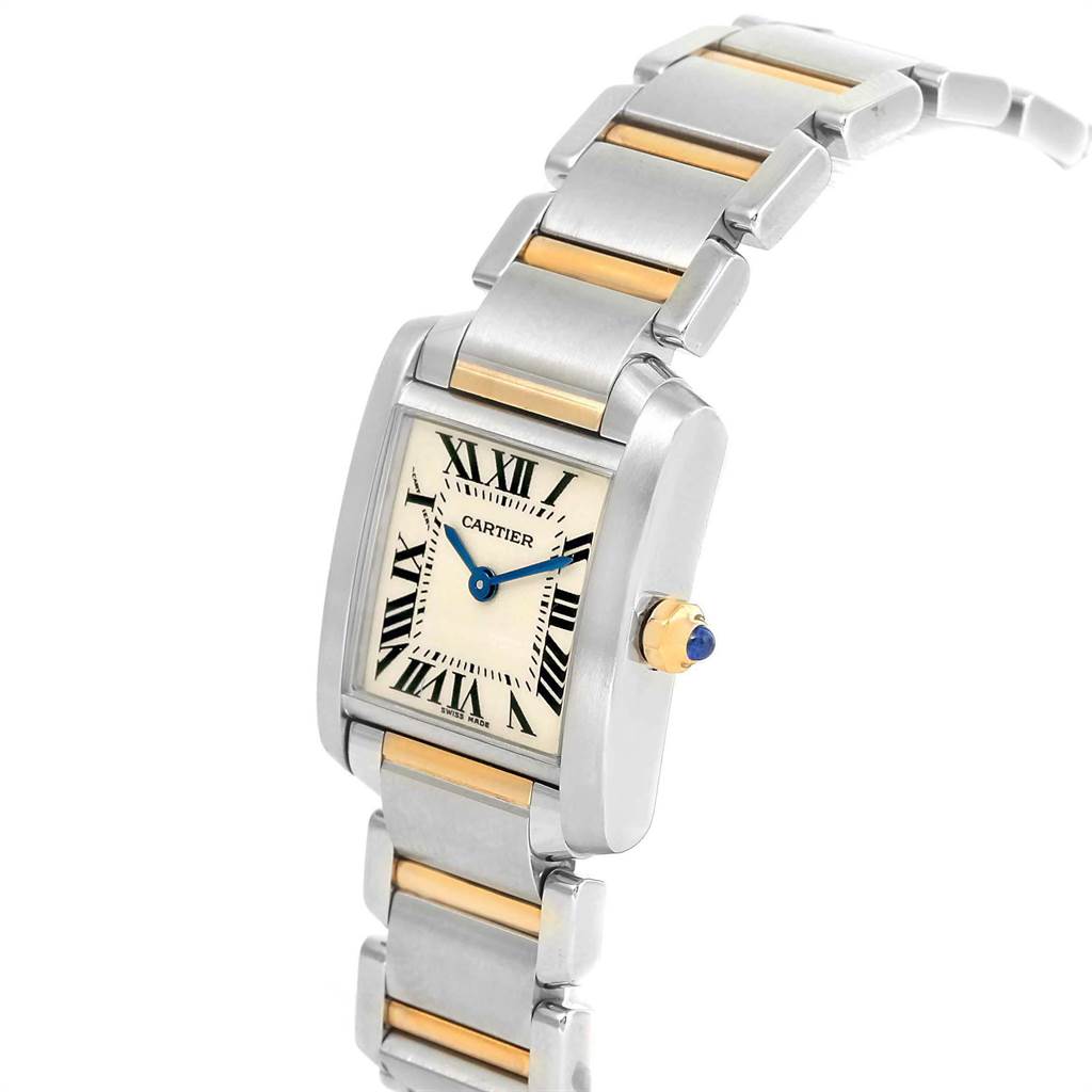 The image shows the Cartier Tank Francaise W51007Q4 Women's Steel and Gold (two tone) Silver Dial W51007Q4 Women's Steel and Gold (two tone) Silver Dial watch from an angled side view, highlighting its face, crown, and part of the metal bracelet.