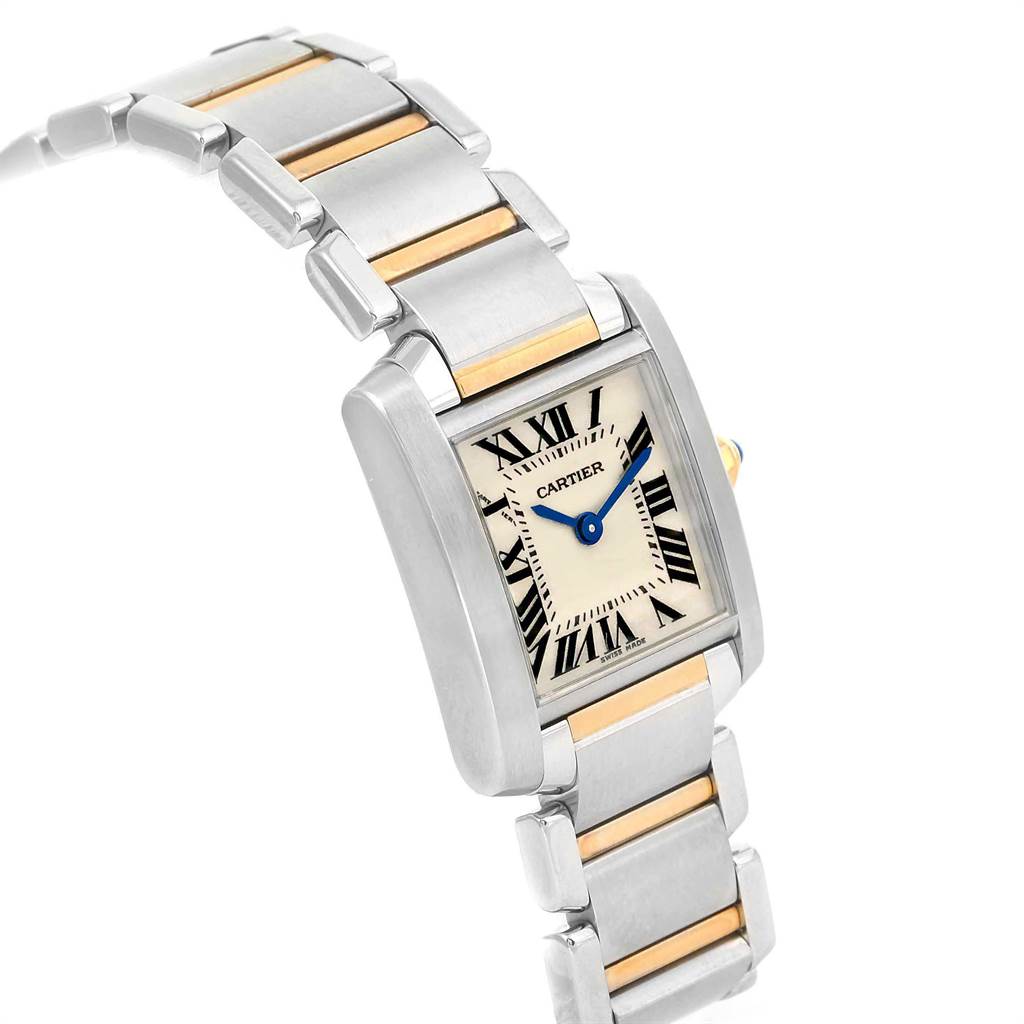 The image shows a Cartier Tank Francaise W51007Q4 Women's Steel and Gold (two tone) Silver Dial W51007Q4 Women's Steel and Gold (two tone) Silver Dial watch angled to display its face, band, and crown.